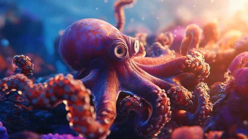 Vibrant coral reef octopus rendered in cinematic 3D light.