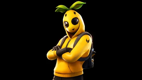 Yellow hoodie fruit hero character on black background.