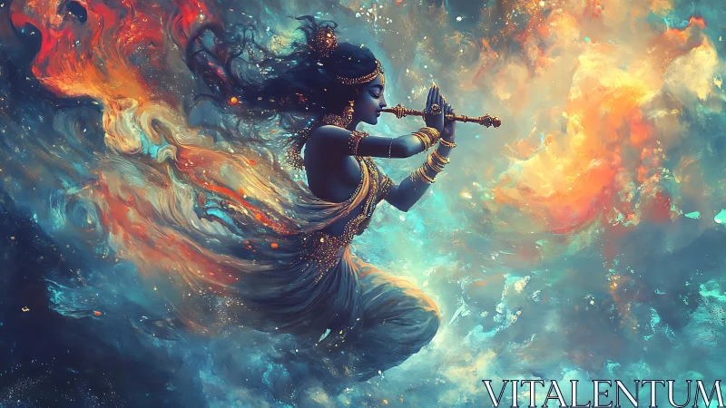 Celestial musician kneels in swirling nebula of molten light