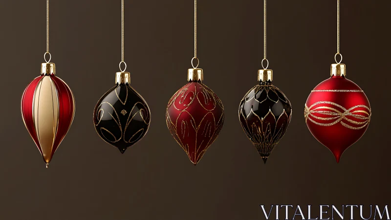 Elegant red and black Christmas baubles glow on rich backdrop