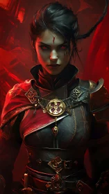 Dark fantasy warrior in ornate red and black armor portrait.