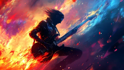 Guitarist silhouette explodes through fire and neon sky.
