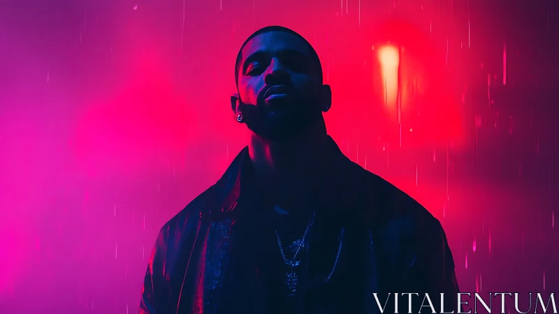 Silhouetted male figure stands before neon magenta backlight