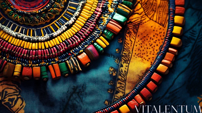 Colorful tribal necklace arcs over patterned fabric background.