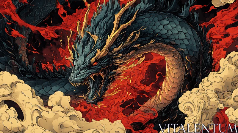 Serpentine dragon form amid red flames and pale smoke.