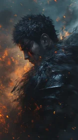 Battle-scarred warrior crowned in cinders and stormfire glow.