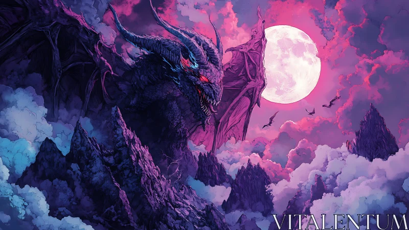 Winged dragon silhouette over lunar sky and jagged peaks.