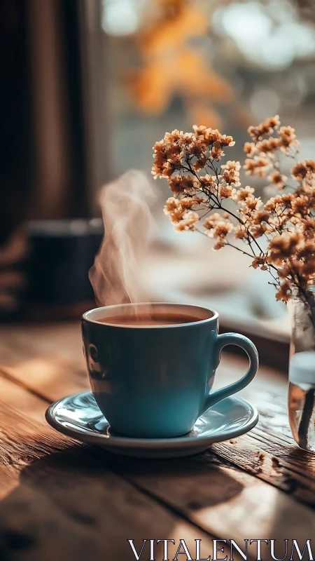 Steam rises from blue coffee cup beside dried flowers indoors