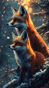 Two red foxes in snowy forest with warm backlight.