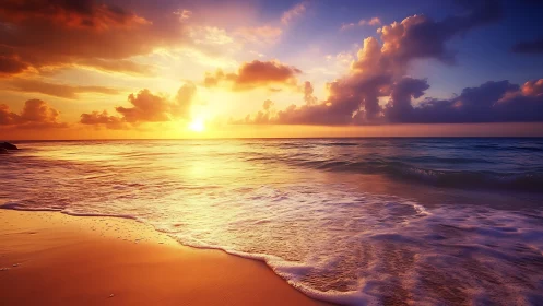 Sunset surf ignites tranquil shoreline with golden light.