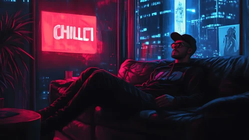 Man relaxes on sofa under red neon chill sign at night