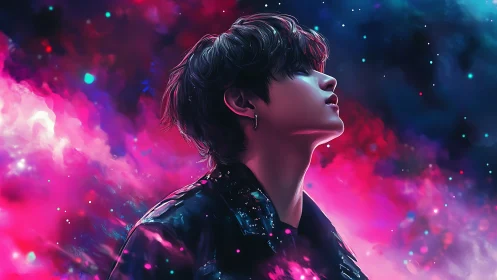 Side-profile portrait immersed in neon nebula color diffusion