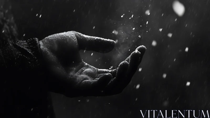 Low-key monochrome hand catching drifting snow in motion