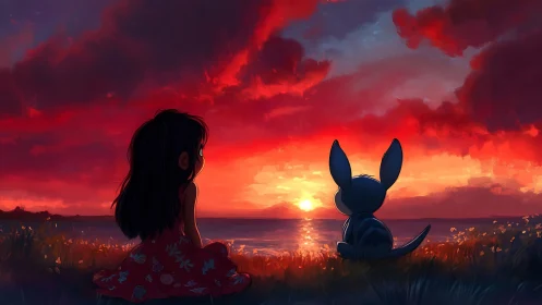 Crimson skies cradle a girl and her quiet alien friend