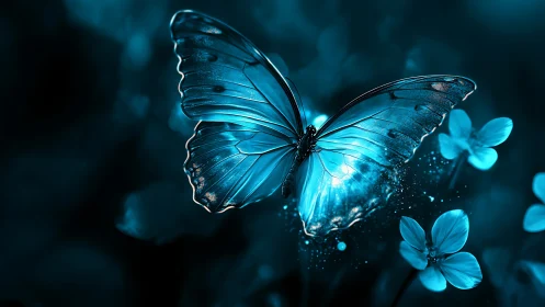 Luminous blue butterfly hovers in a dreamy nocturnal bloom