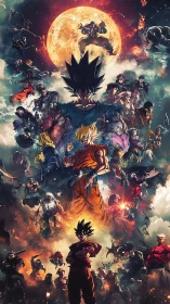 Dynamic anime warrior montage framed by lunar backlight and clouds