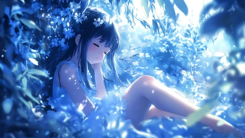 Dreamy blue garden nap with a peaceful anime girl.