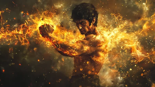 Martial artist wreathed in dynamic flame energy burst.