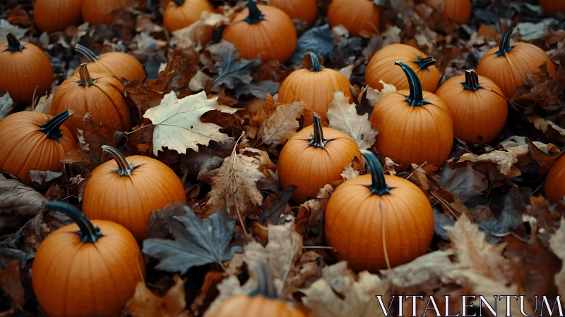 Orange pumpkins rest among dry fallen leaves outdoors