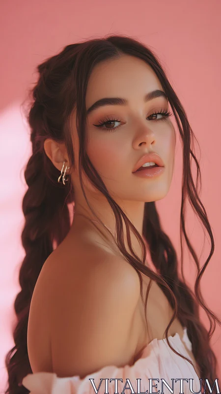 Soft-lit portrait of brunette model against pink backdrop.