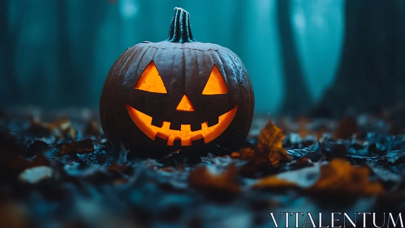 Candlelit jack o lantern in misty forest with shallow depth