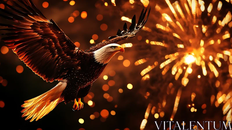 Bald eagle in flight against intense golden fireworks.