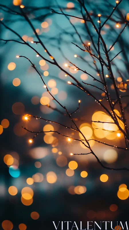 Gentle tree branches draped in dreamy golden evening lights.