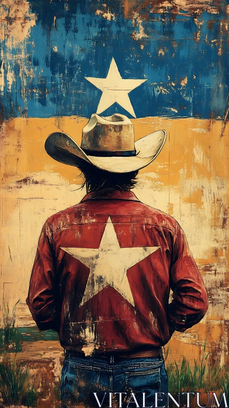 Cowboy stands proud before weathered Texas lone star flag.