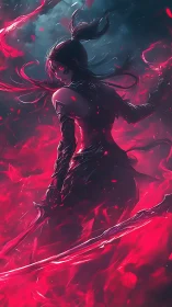 Dark warrior channels crimson energy in swirling storm.