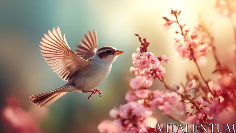 Delicate Bird Dancing Among Spring Blossoms.