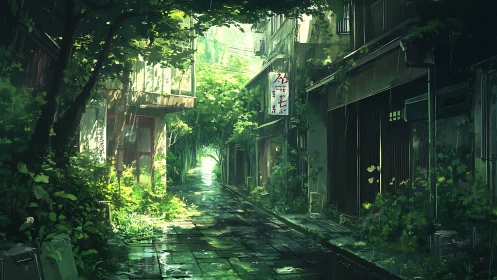 Overgrown rainy alleyway with lush urban vegetation and light