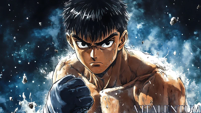 Anime boxer portrait in dynamic frontal combat composition.