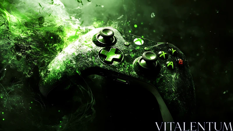 Illuminated gaming controller rendered in neon particle bloom