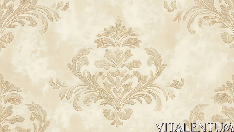 Beige damask wallpaper pattern with stylized floral scrolls.