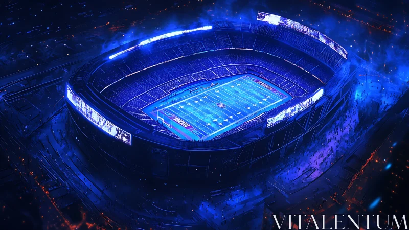 Cyberpunk night stadium with luminous gridiron field perspective.