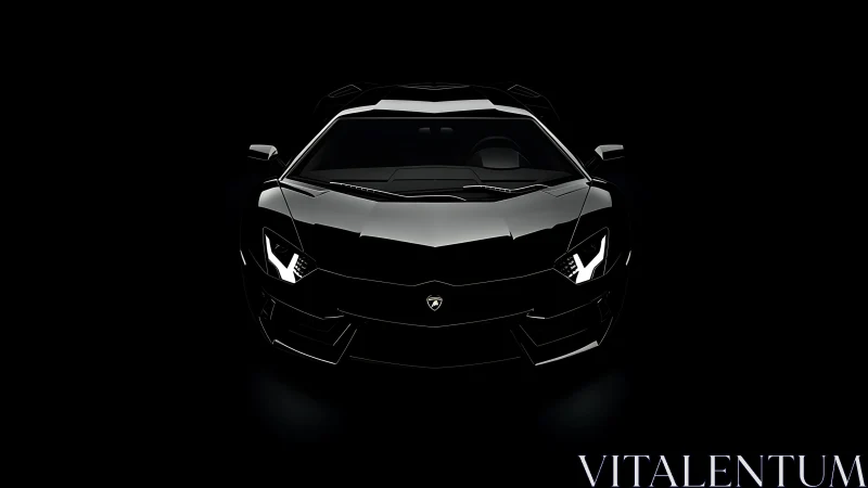 Black sports coupe front view on dark background. Period.