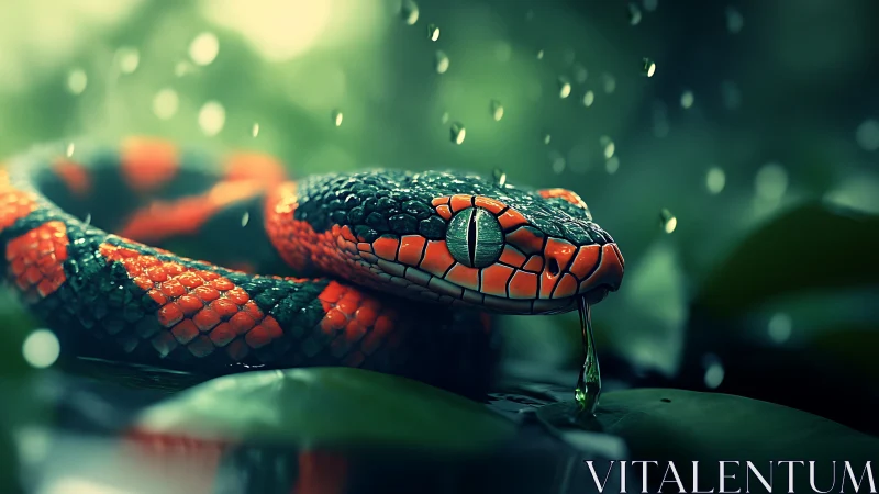 Macro study of bioluminescent viper under rainforest rainfall