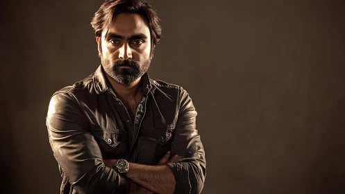 Confident man in leather jacket with warm, steady gaze.