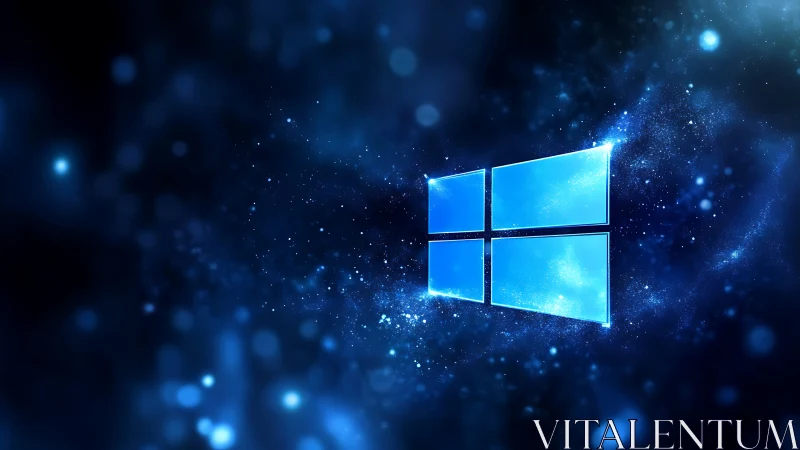 Glowing window emblem in cosmic blue digital particle field.