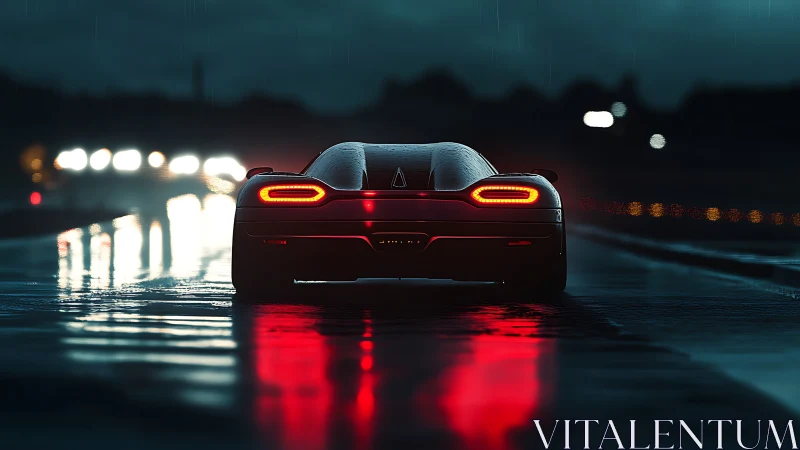 Supercar rear view glows against wet asphalt in cinematic rain
