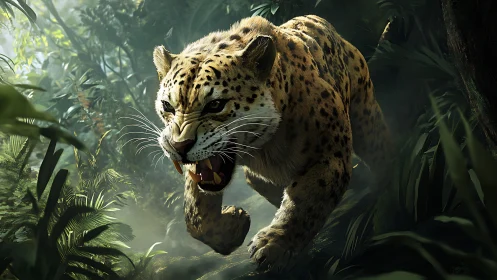 Snarling Leopard Emerges Through Misty Jungle Foliage.