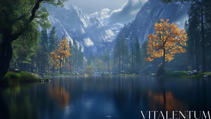 Autumn trees mirror on alpine lake beneath snow-clad peaks