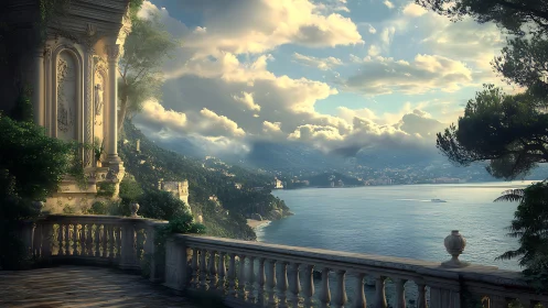 Neoclassical terrace overlooking sunlit coastal mountainscape.