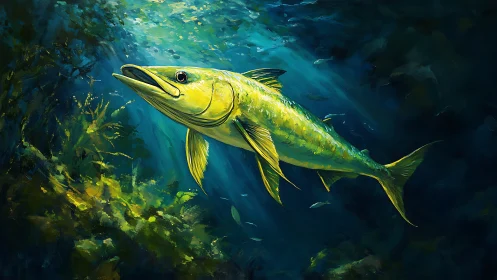 Luminous reef barracuda gliding through teal twilight seas.