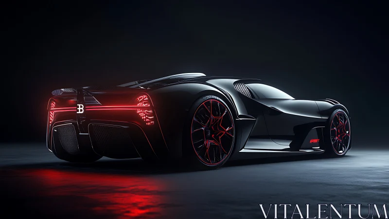 Rear-quarter render of black hypercar with emissive red lighting.