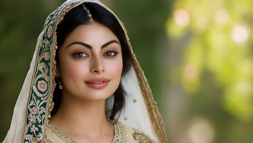Elegant woman in traditional attire with embroidered veil outdoors.