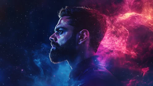 Profile portrait of male figure in neon cosmic lighting