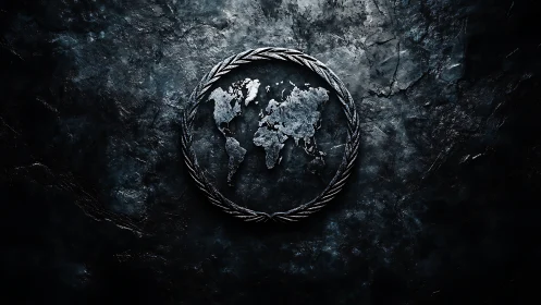 Embossed metallic world map emblem on dark textured stone surface