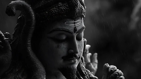 Gentle rain on serene stone deity in quiet grayscale glow.