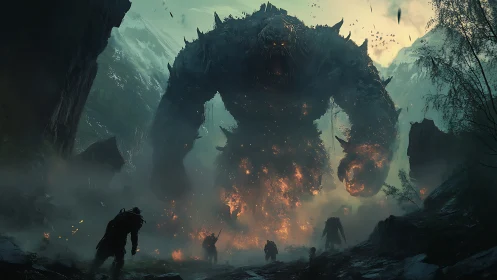 Colossal molten creature advances through misty mountain pass